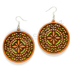 Mandala oranžovo - zelené, kruhové dřevěné náušnice