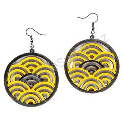 Geometrické vlny žluto - černé, kruhové dřevěné náušnice