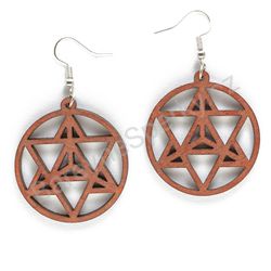 Visací dřevěné kulaté náušnice geometrické - Infinity Triangle střední, hnědé