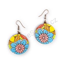 Visací dřevěné kulaté náušnice květinové - Hippie Blossom 4