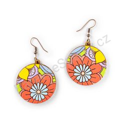 Visací dřevěné kulaté náušnice květinové - Hippie Blossom 5