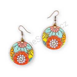 Visací dřevěné kulaté náušnice květinové - Hippie Blossom 9