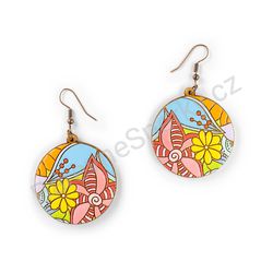 Visací dřevěné kulaté náušnice květinové - Hippie Blossom 10