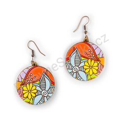 Visací dřevěné kulaté náušnice květinové - Hippie Blossom 11