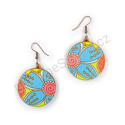 Visací dřevěné kulaté náušnice květinové - Hippie Blossom 16