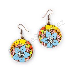 Visací dřevěné kulaté náušnice květinové - Hippie Blossom 17
