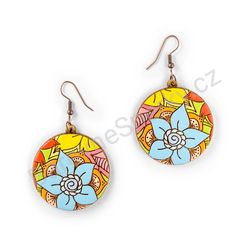 Visací dřevěné kulaté náušnice květinové - Hippie Blossom 18