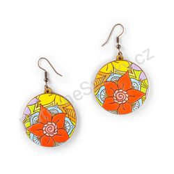 Visací dřevěné kulaté náušnice květinové - Hippie Blossom 19