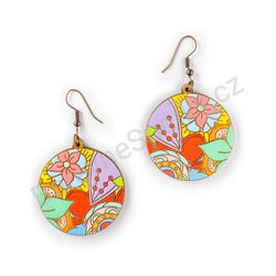 Visací dřevěné kulaté náušnice květinové - Hippie Blossom 21