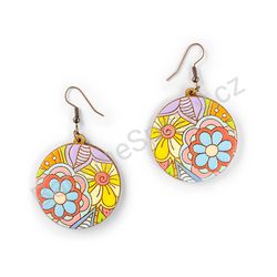Visací dřevěné kulaté náušnice květinové - Hippie Blossom 22