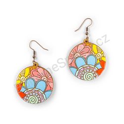 Visací dřevěné kulaté náušnice květinové - Hippie Blossom 23