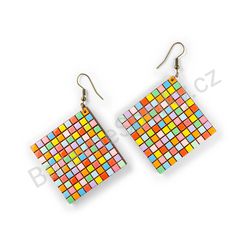 Dřevěné visací geometrické náušnice - Rubik's Cube (kosočtvercové), pestrobarevné 6