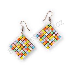 Dřevěné visací geometrické náušnice - Rubik's Cube (kosočtvercové), pestrobarevné 7