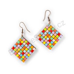 Dřevěné visací geometrické náušnice - Rubik's Cube (kosočtvercové), pestrobarevné 8