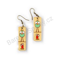 Dřevěné visací funky náušnice - Bird and Worm Tall Duo (obdélníkové), pestrobarevné