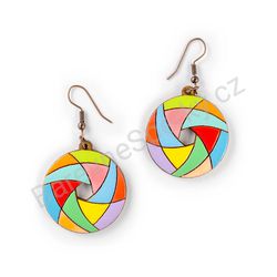 Dřevěné visací geometrické náušnice - Hexa Spin (kulaté), pestrobarevné 12