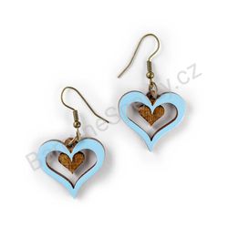 Dřevěné visací srdcové náušnice - Heart in Heart (srdcové), modré