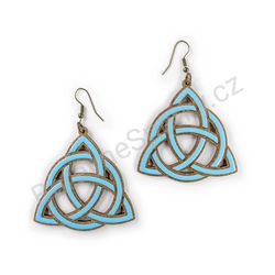Dřevěné visací geometrické náušnice - Trinity Knot (trojúhelníkové), modré