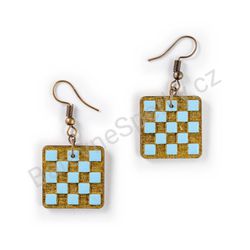 Dřevěné visací geometrické náušnice - Chess Grid (čtvercové), modré