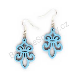 Dřevěné visací krajkové náušnice - Fleur De Lis (nepravidelné), tyrkysové