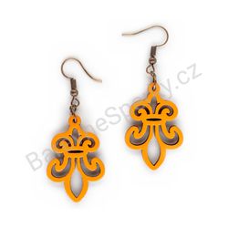Dřevěné visací krajkové náušnice - Fleur De Lis (nepravidelné), oranžové