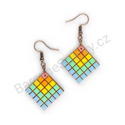 Dřevěné visací geometrické náušnice - Rubik's Cube (kosočtvercové), pestrobarevné 2