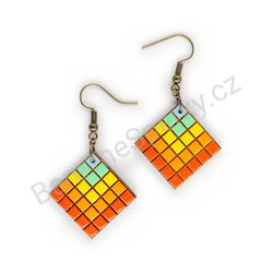 Dřevěné visací geometrické náušnice - Rubik's Cube (kosočtvercové), pestrobarevné 3