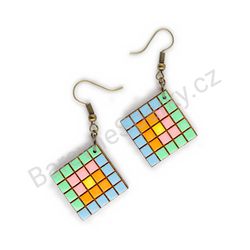 Dřevěné visací geometrické náušnice - Rubik's Cube (kosočtvercové), pestrobarevné 5