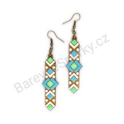Dřevěné handmade geometrické náušnice - Arrowed Diamonds (zeleno modré)