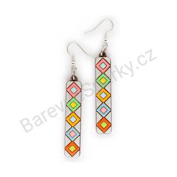 Dřevěné handmade geometrické náušnice - Diamond Stripes (barevné, velké)