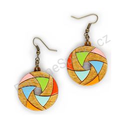 Dřevěné handmade geometrické náušnice, Hexa Bloom (natural barevné)