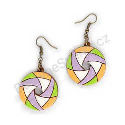 Dřevěné handmade geometrické náušnice, Hexa Bloom (fialovo oranžové)
