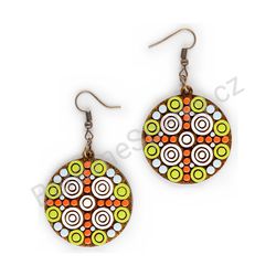 Dřevěné handmade mandala náušnice - Target Glow (červeno zelené, střední)