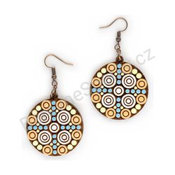 Dřevěné handmade mandala náušnice - Target Glow (modro oranžové, střední)