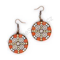 Dřevěné handmade mandala náušnice - Target Glow (žluto červené, střední)