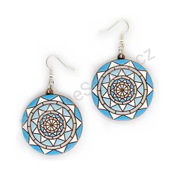 Dřevěné handmade mandala náušnice - Triangular Radiance (modré)