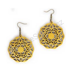 Dřevěné visací mandala náušnice - Starry Bloom Cutout (kulaté), zlaté