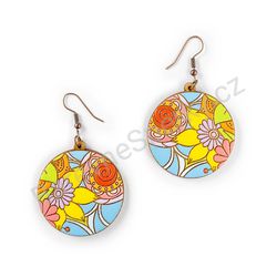 Visací dřevěné kulaté náušnice květinové - Hippie Blossom 20